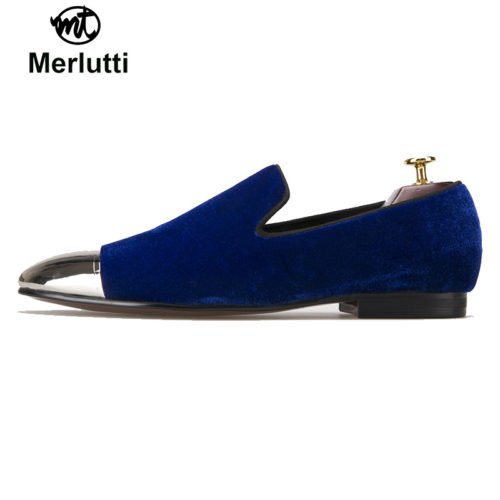 Mocassins Homme En Velours Bleu Royal - Couronne Brodée - Taille M (D/M) - Neuf Avec Emballage