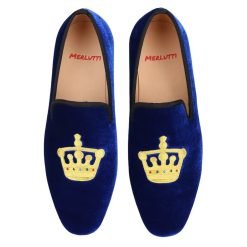 Blue Velvet Loafer Gold Crown Flat