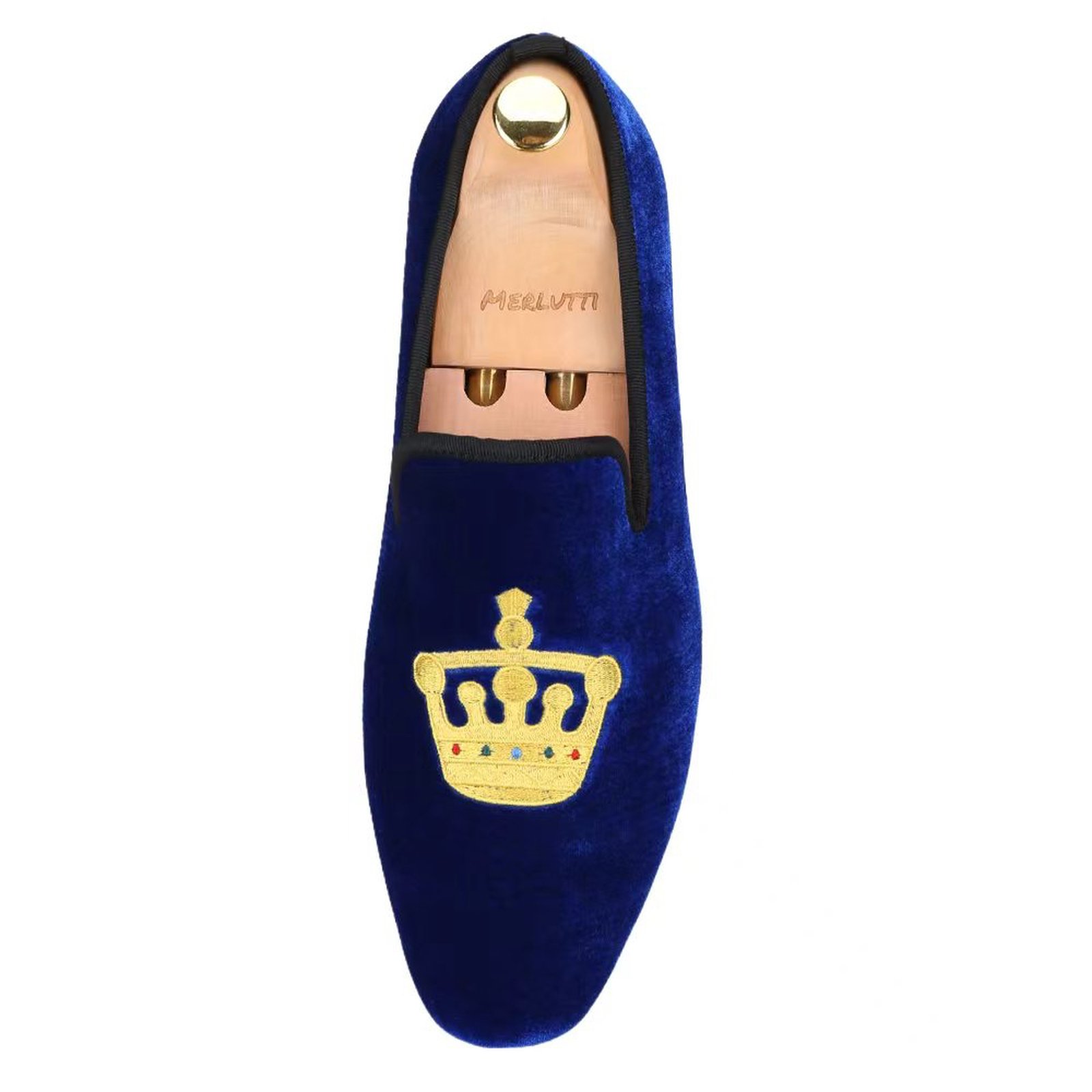 Blue Velvet Loafer Gold Crown Flat - Image 3