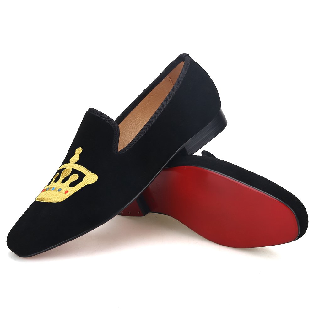 Black Velvet Loafer Gold Crown Flat