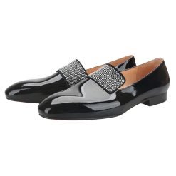 Black Patent Loafers Handmade Silver Rhinestones