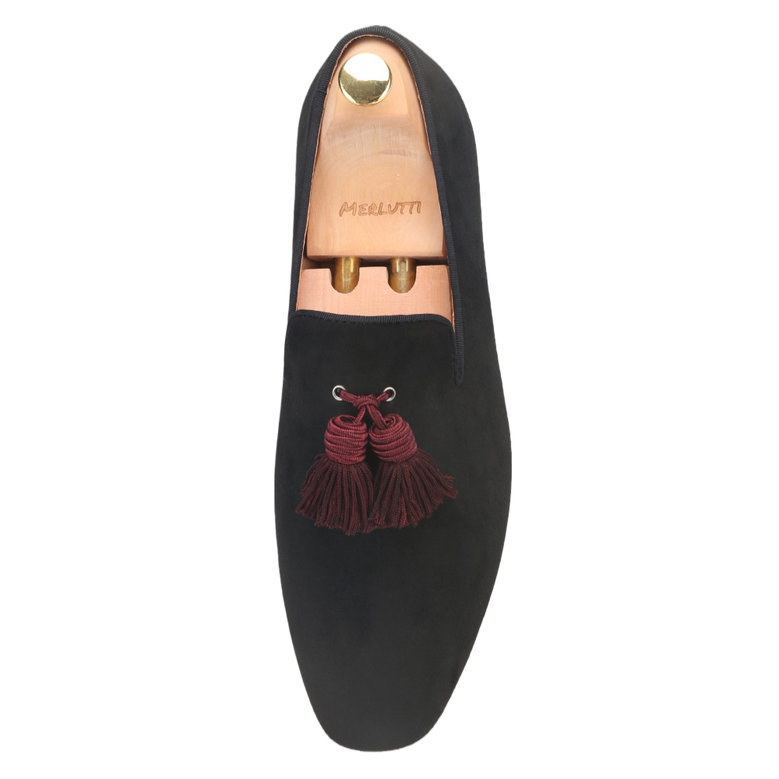 Black Suede Big Red Wine Tassel Smoking Loafer - Image 5