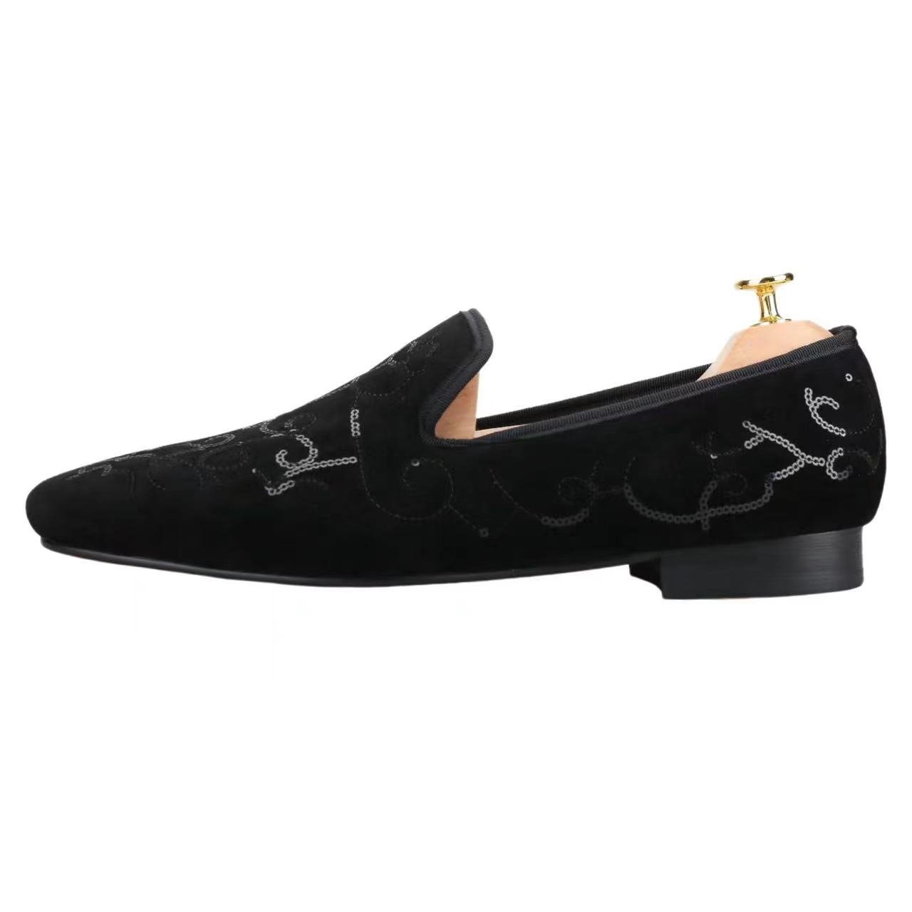 Black Velvet Sequins Handmade Loafer