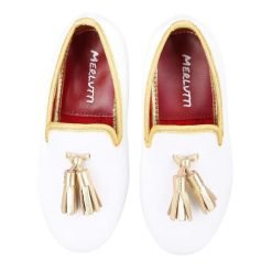 Kids White Velvet Gold Tassel Children Shoes