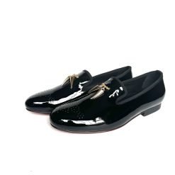 Black Patent Leather Gold Shark Tooth Flat