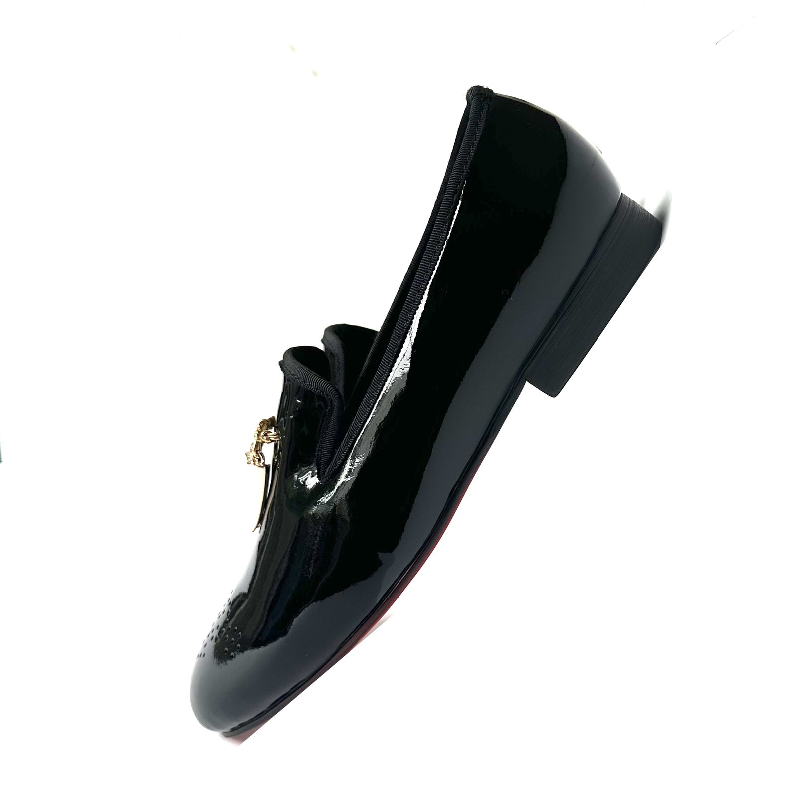 Black Patent Leather Gold Shark Tooth Flat